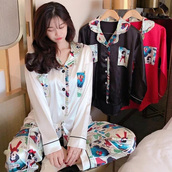 

2PCS Pajamas Sets Women Lapel Imitation Silk Long Sleeve Home Wear Ladies Mujer Sexy Satin Tops+Pants Nightgown Sleepwear Spring