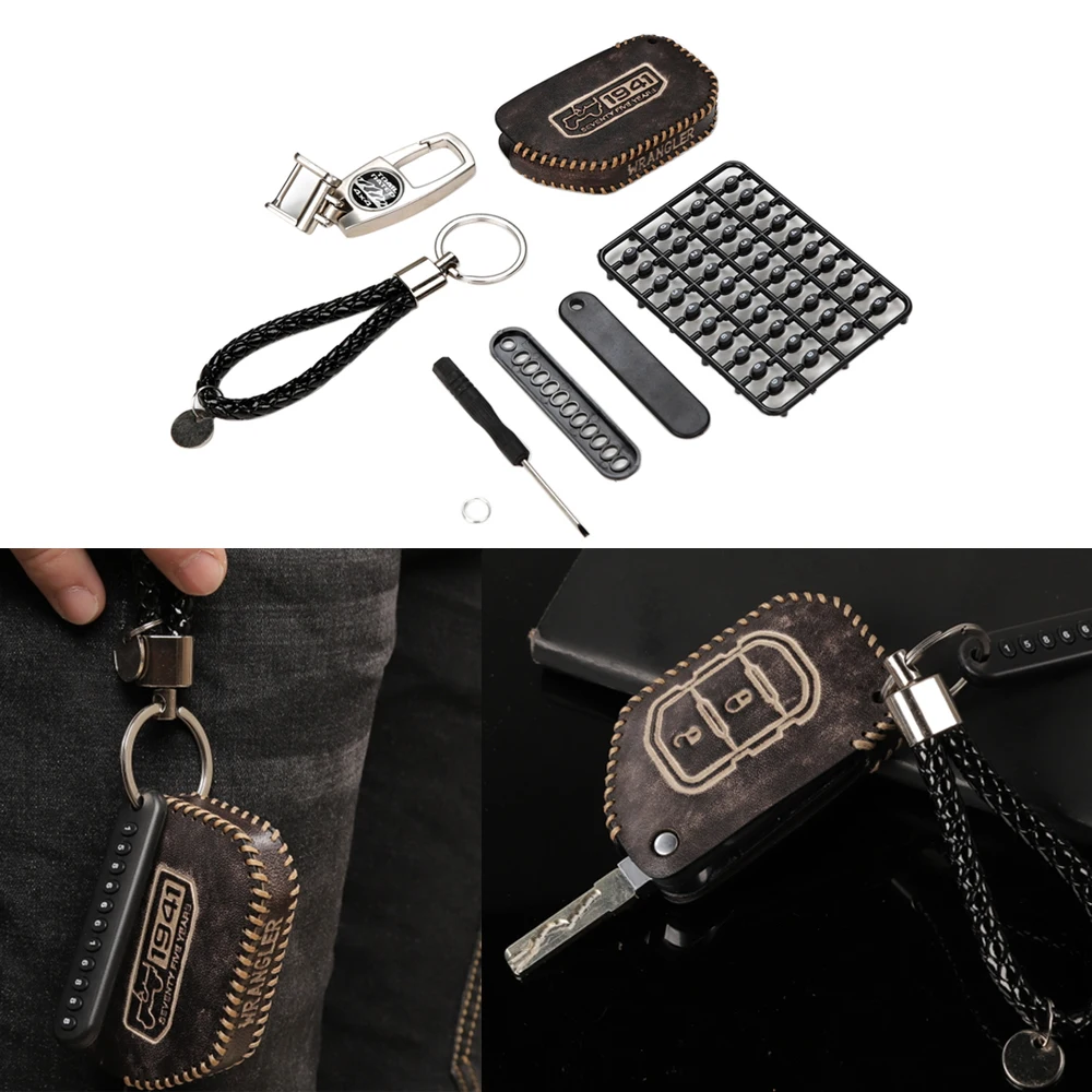

Newly Car Key Holder Leather Case Cover Retro Style Keychain Dedicate for Jeep Wrangler JL 2018+ Accessories Brown/Black Line