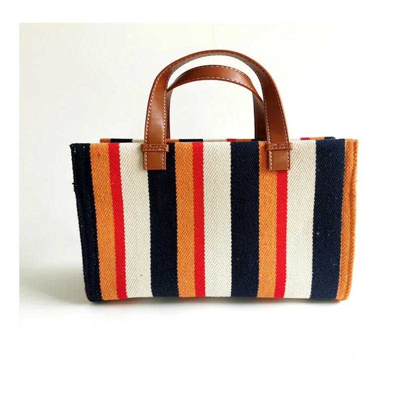 

canvas handbag artistic stripe matching color female hand carry square bag canvas bag single shoulder inclined women's bag