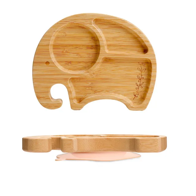 1PC Bamboo Wooden Dinnerware Baby Feeding Accessories Cartoon Animals Elephant Dinner Plate With Sucker Baby Products Gifts Ele peach