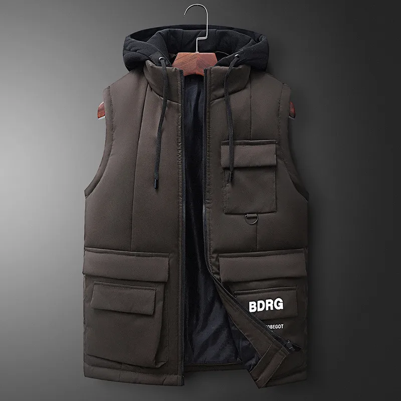 Coffee Winter Vest Men New Fashion High Quality Hood Warm Sleeveless Jacket Waistcoat Male's Casual Vest Hooded Coats - Цвет: Coffee