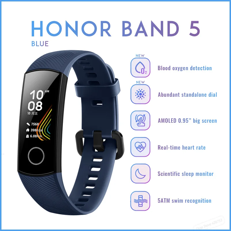 Honor Band 5 Blue Смарт-браслет huawei Honor Band 5 для здоровья, спортивный браслет, цветной сенсорный экран, плавающий ход, Обнаружение сна, пульса - Color: Honor Band 5 Blue