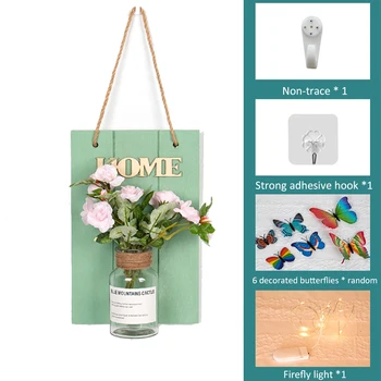 

Wall Hanging Glass Vase Wooden Board Base Flower Pot Creative Hanging Pot With String Light Butterfly Stickers For Home Decor