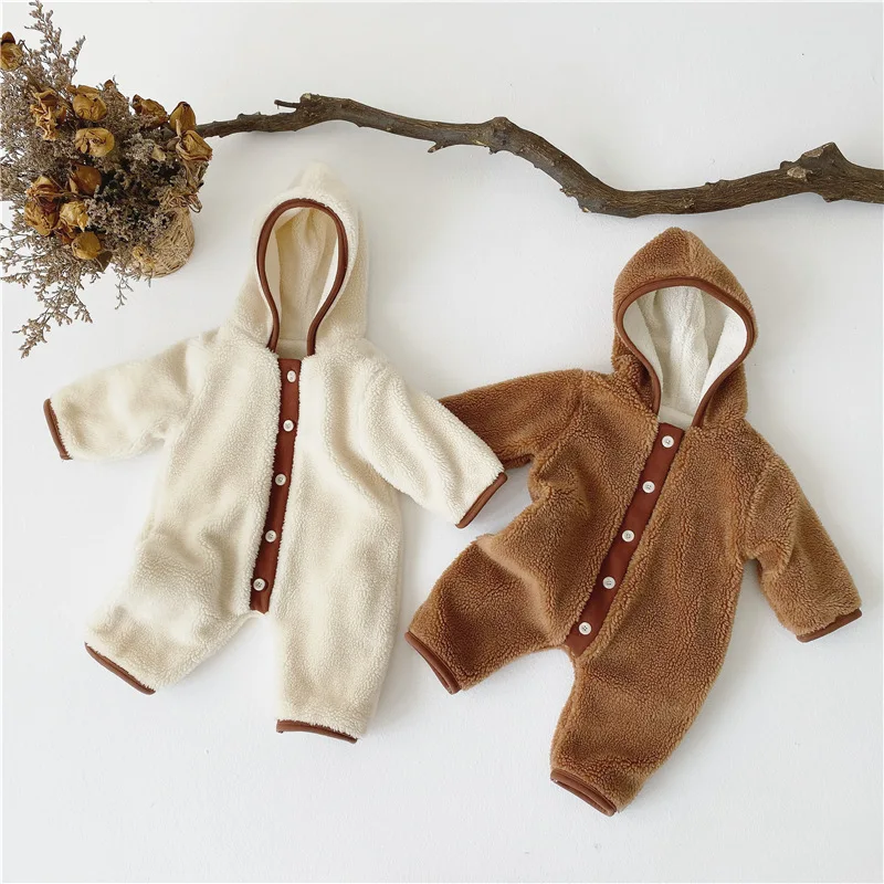 

3058 Ins Winter New Korean Baby Warm And Plush Thick Hooded One-piece Romper Buttons Long Sleeve Coral Fleece Baby Boys Romper