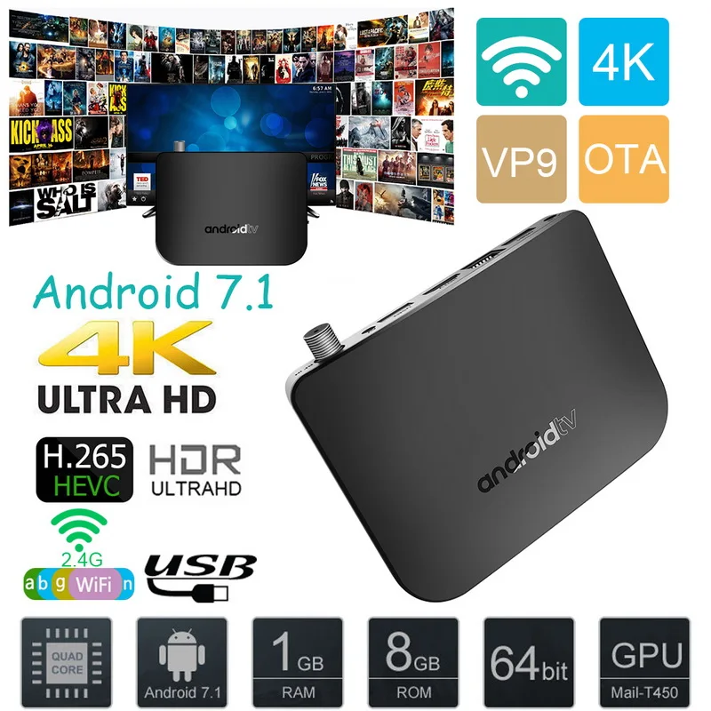 

DVB-S-S2 Android 7.1 TV Box 1GB RAM 8 ROM Amlogic S905D Octa Core 100M Smart TV Box 4K H.265 2.4G WiFi Set Top IPTV Box