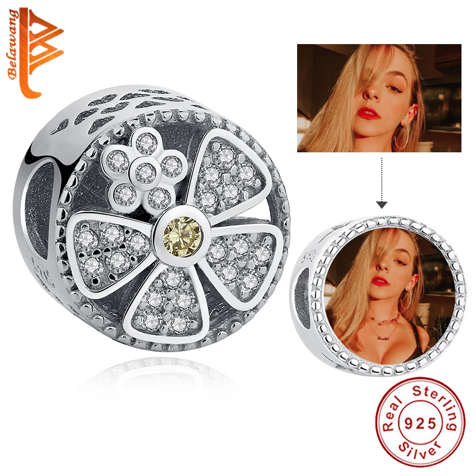 

BELAWANG Wholesale DIY Custom Photo Beads 925 Sterling Silver CZ Daisy Flower Charm Fit Original Bracelets Women Jewelry Making