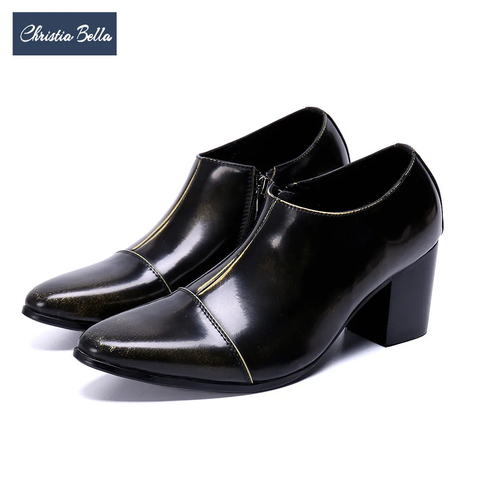 Christia Bella/Новинка; модная мужская обувь из натуральной кожи на высоком каблуке; однотонные мужские вечерние туфли для танцев; Клубные короткие ботинки на молнии размера плюс