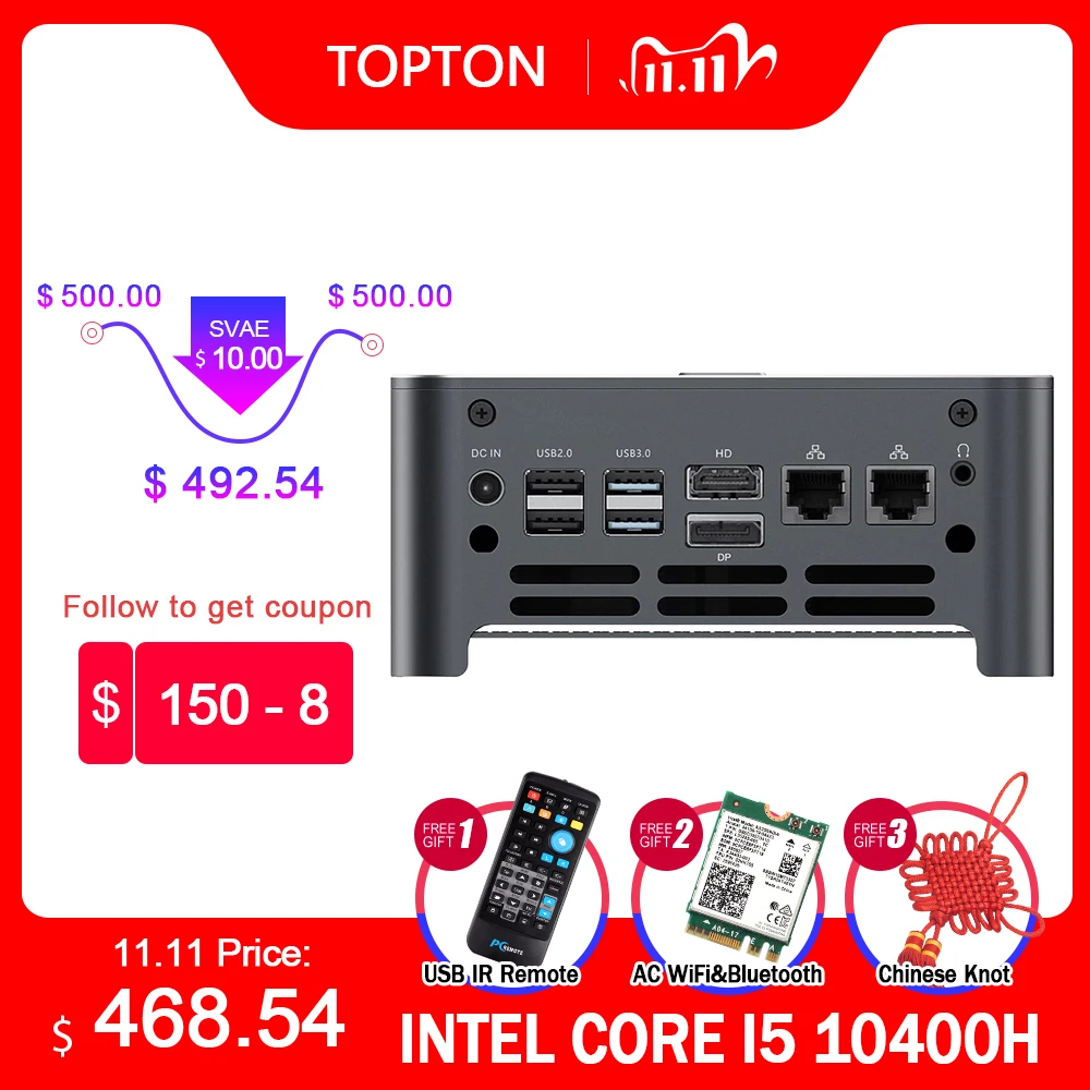 TOPTON новые NUC Intel i9 10980HK i7 10870H 8 Mini PC компьютер 2 LAN на базе Windows 10 * DDR4 NVMe консоль для ПК