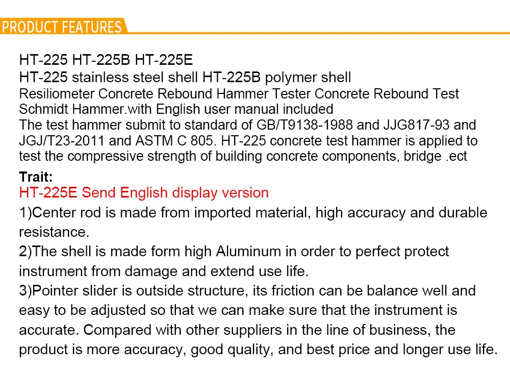 HT-225 HT-225B HT-225E бетона Тесты молоток Resiliometer бетон Отскок Тесты er Молот бетона отскок Тесты