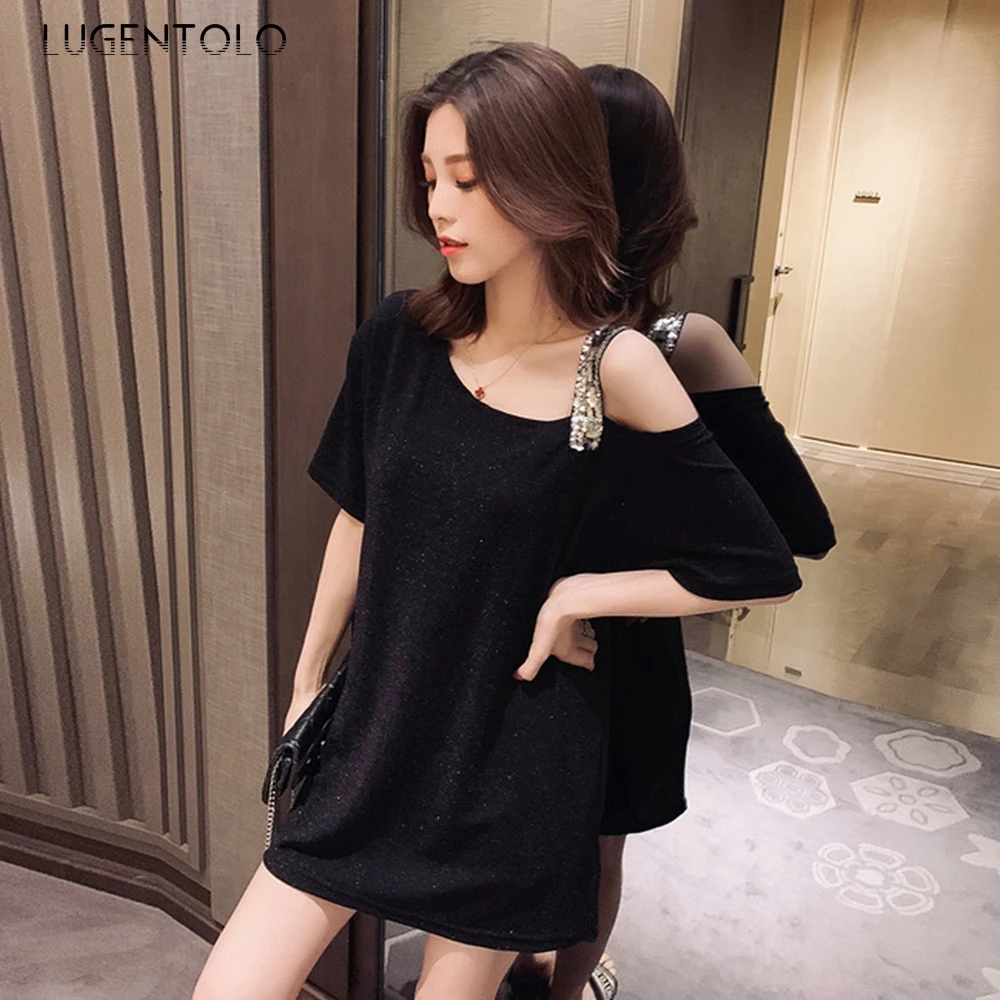 Lugentolo Korean Clothes Women Summer New Bright Silk Strapless Short Sleeves Loose Casual Fashion Womens Tees | Женская одежда