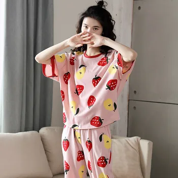

Women's sleepwear summer short sleeve 2 pcs pajama set soft cotton STRIPE thin summer casual top pant home wear suit