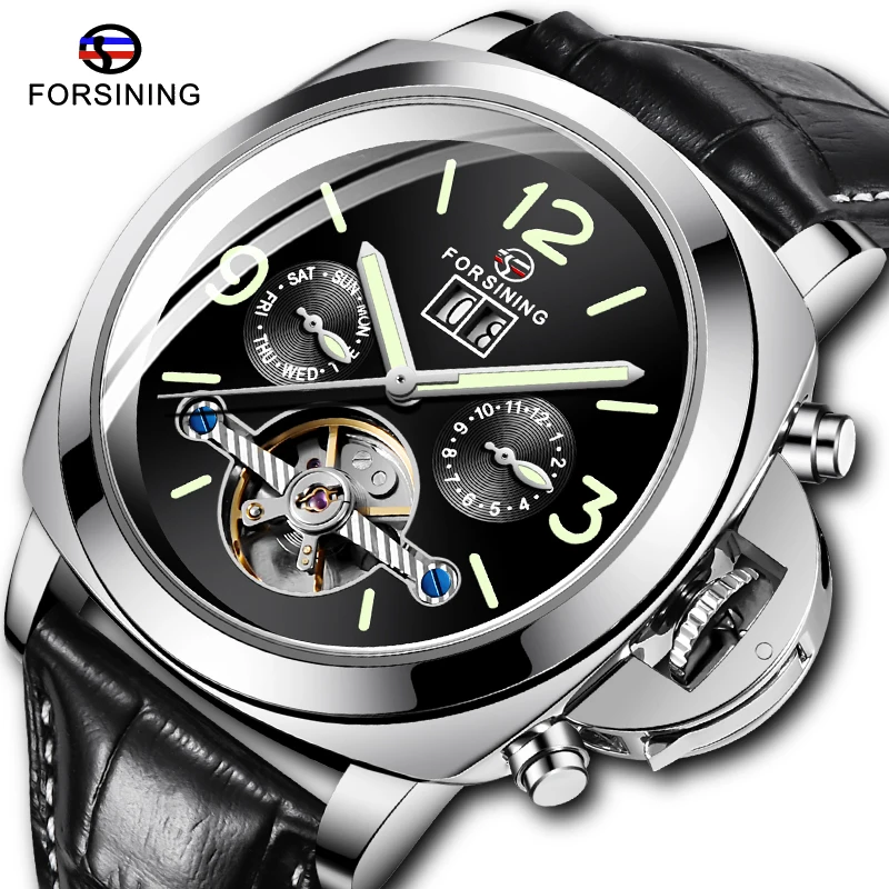 High Quality FORSINING Men Automatic Mechanical Watch Leather Strap Week Date Display Luminous Hands Wristwatches | Наручные часы