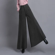 Женские однотонные Свободные Шерстяные широкие брюки длинные брюки элегантные дворцовые А-образные брюки женские зимние плотные теплые брюки размер XXXL