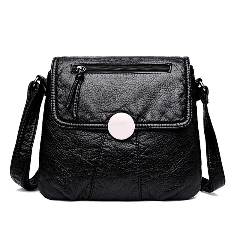 

CmetNi Black Small Women Messenger Bag Soft Washed PU Leather Crossbody Bag Female Handbag Purses Chain