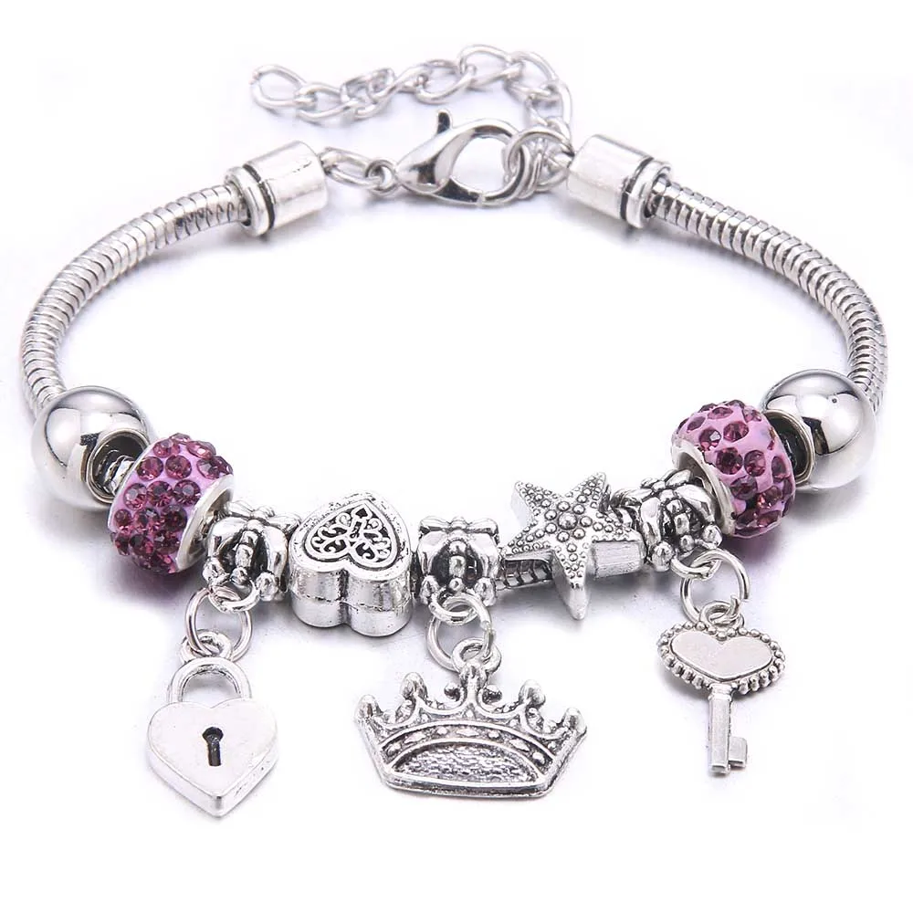 Antique Crown key lock Shape 6-colors crystal Charm Bracelets for Women Glass Beads Brand Bracelet & Bangle DIY Jewelry Gifts