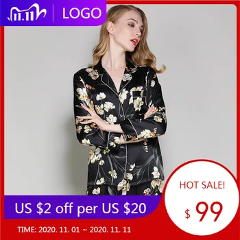 

2020 Autumn and Winter New Silk Pajamas Women's Long Sleeve Turn-down Collar Two-Piece Silk Loose Sexy Homewear Summer Suit