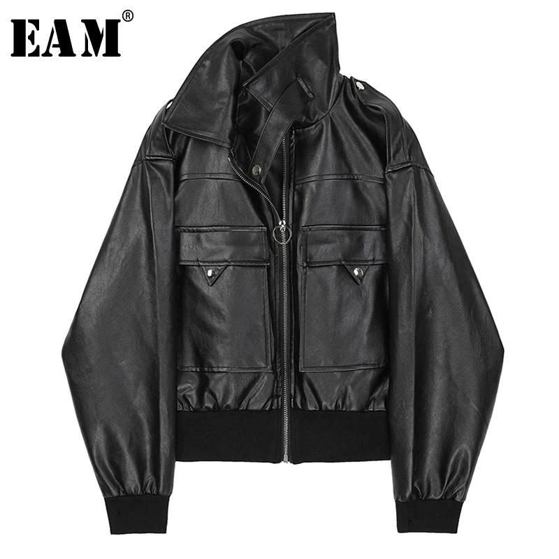 

[EAM] Loose Fit Big Pockets Split Joint Big Size Pu Leather Jacket New Lapel Long Sleeve Women Coat Fashion Spring 2020 1R708