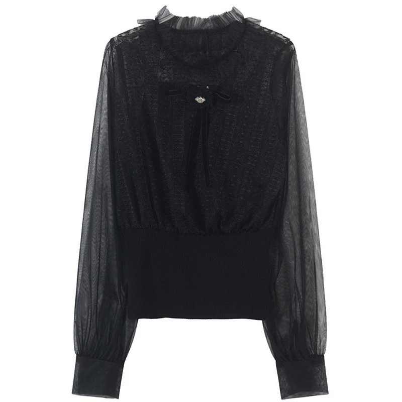 

Sexy Transparent Lace Sweater Femme Spring Bow Jumper Women Sweater Mesh Ruffles Pullovers Knit Tops Runway Design