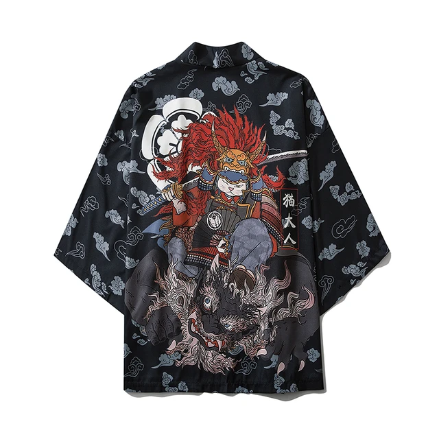 Bebovizi Japanese Style Cat Samurai Kimono Streetwear Men Women Cardigan Japan Harajuku Anime Robe Anime Clothes 2020 Summer 6033