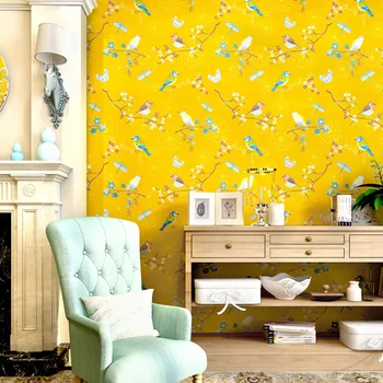 

Original Chinese Yellow Blue Flowers Birds Environmentally Non-Woven Wallpaper Living Room Bedroom Tv Background Wall Stickers