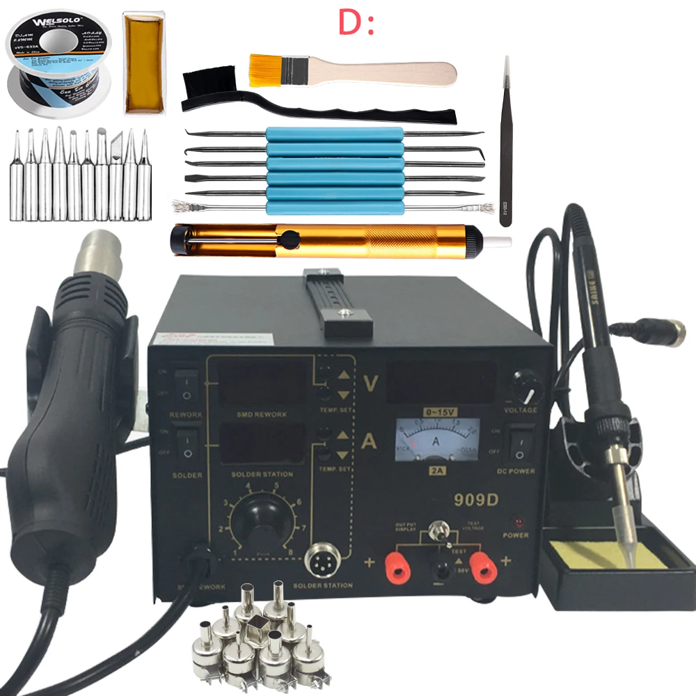 Высокая qualkity 909D паяльник+ горячий воздух пистолет 3 в 1 пистолеты горячего воздуха паяльная станция питания многофункциональная паяльная станция