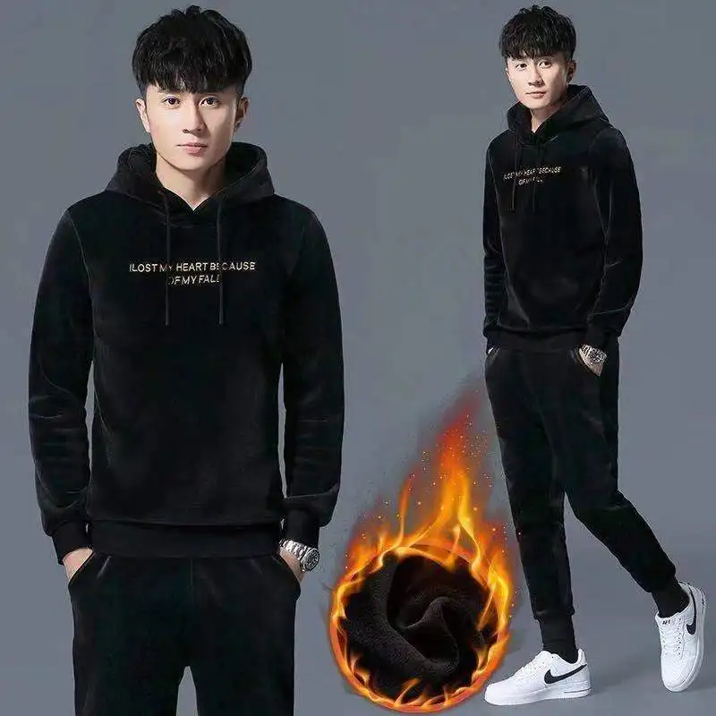 Gold Velvet Sports Suit Autumn and Winter Thick Hooded Sweater Men's Casual Self-cultivation Double-sided Fleece