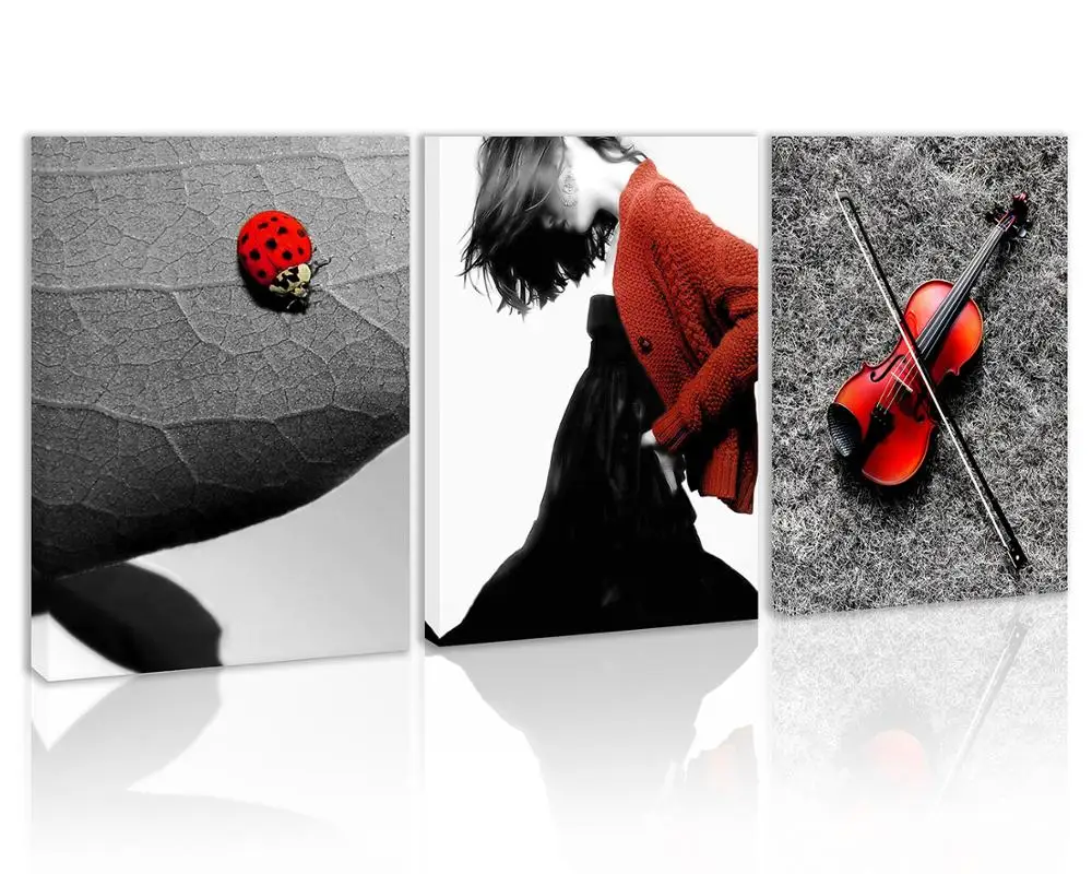 

Black and White Red Woman Music Wall Art Decor Violin Insects Leaf Canvas Painting Kitchen Prints Pictures for Home Living Room