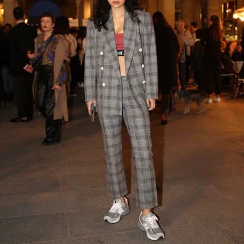 

Wool-blend women suits set double-breasted checked blazer casual pants Two colors available
