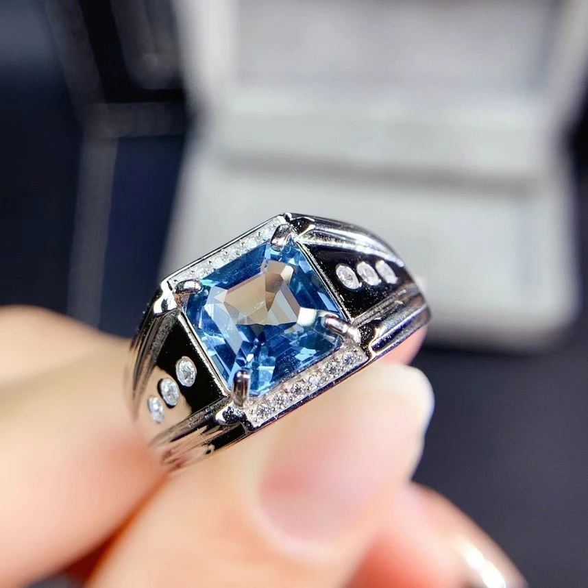 

luxurious thick square Pillow 9*9mm Natural blue topaz ring Natural gemstone Ring S925 silver women's party gift Jewelry