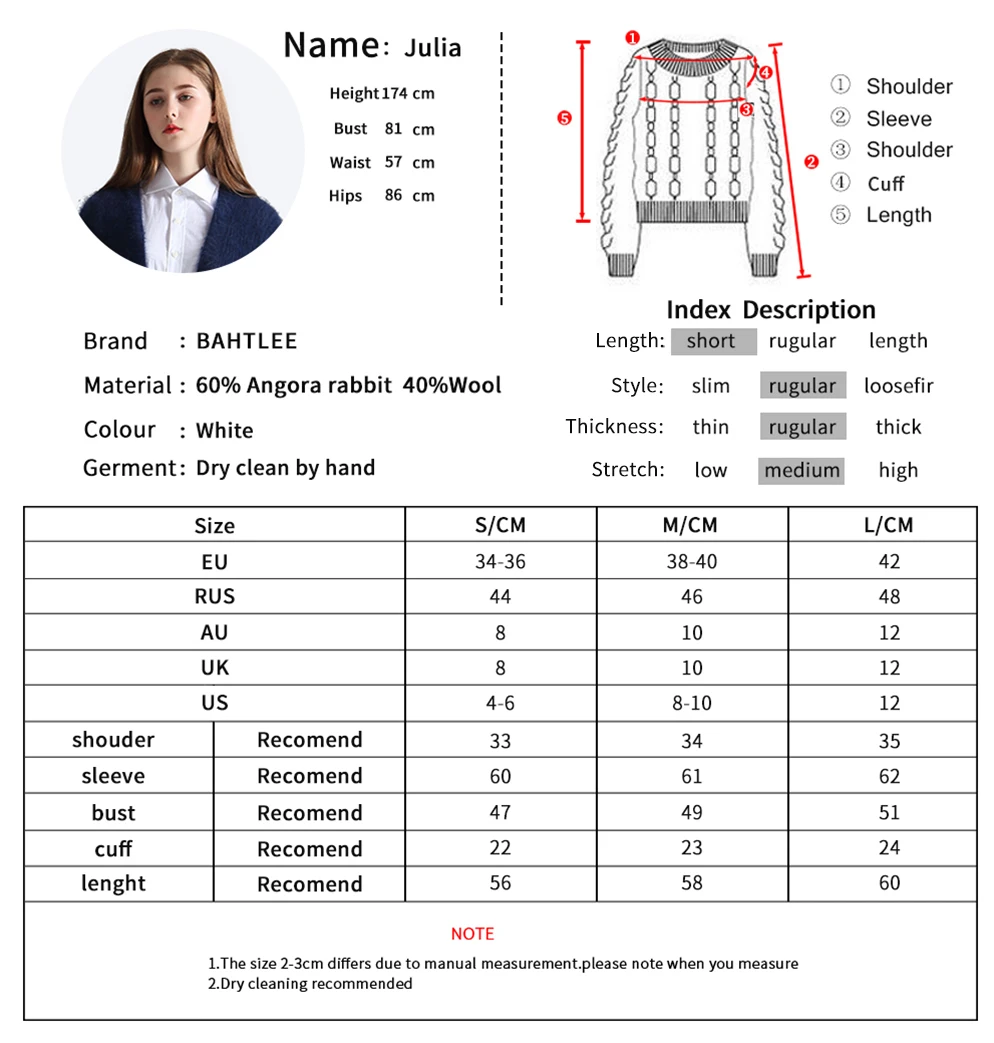 BAHTLEE Autumn Winter Women Angora Jumper Long Sleeve Knitted Stripes Pullovers Sweater Keep Warm Handwork Diamond White