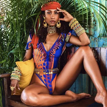 

African Style Lace Up Monokini Flounced One Piece Bathing Suit Mesh Swimsuit Totem Print Tribal Swimwear Bodysuit Swim Costumes