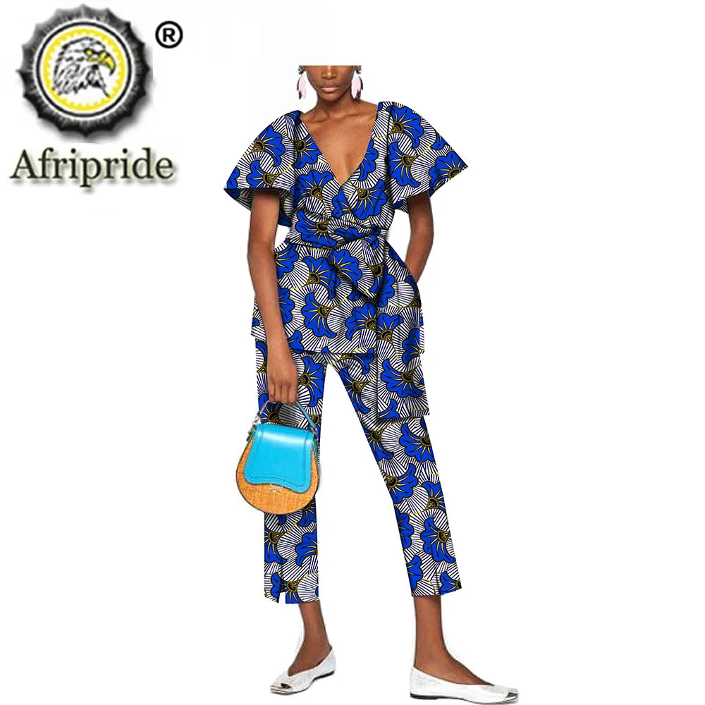 

African Clothing for Women Dashiki Tops Short Sleeve Blouse and Ankara Pants Set Print Suit 2 Piece Outfits AFRIPRIDE S2026008