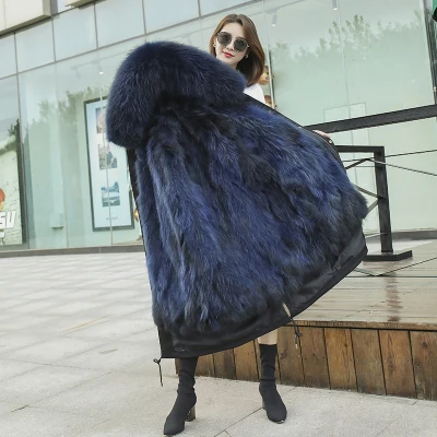 Новинка, модное женское пальто из натурального меха, толстовки с капюшоном из меха лисы, Длинные теплые парки из меха енота для женщин, большие размеры XXXL 3XL - Цвет: P 108cm