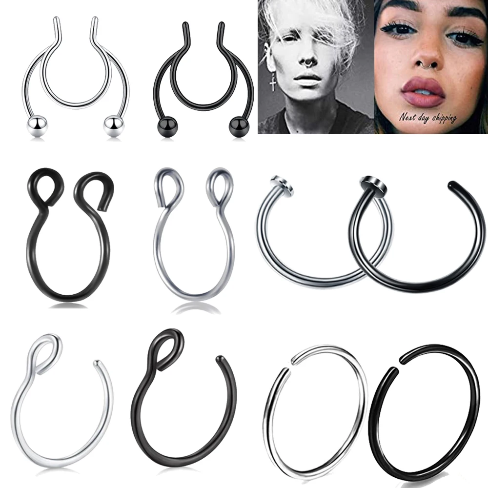 2 pçs em forma de u falso nariz anel aro septo anéis de aço inoxidável nariz piercing falso oreja piercing preto prata conjunto