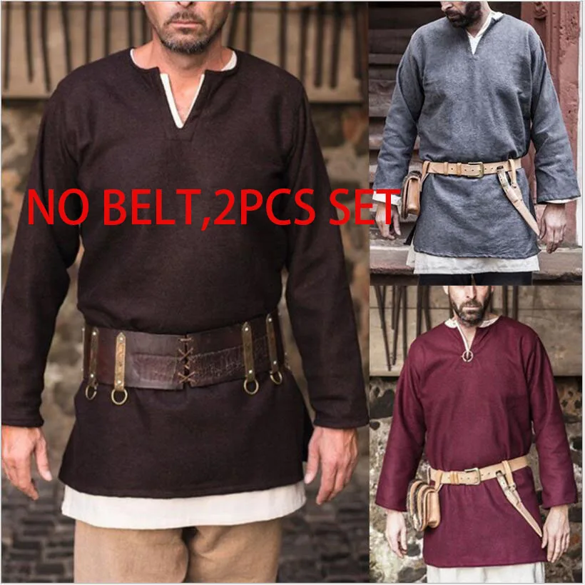 

Adult Men Medieval Knight Warrior Costume 2 pcs set Tunic Clothing Norman peasant Viking Pirate Saxon LARP Top Shirt