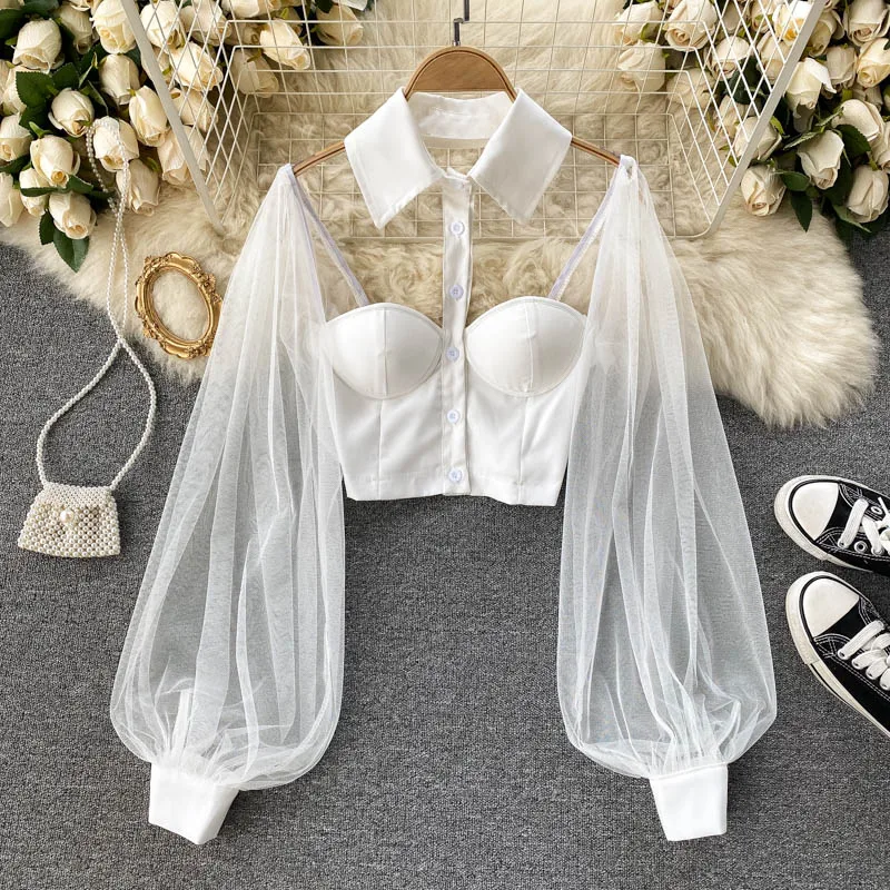 Women Mesh Sheer Blouse See-through Long Sleeve Crop Top Single-breasted Shirt Blouse Fashion Backless Sexy Shirt Female 6