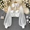 Women Mesh Sheer Blouse See-through Long Sleeve Crop Top Single-breasted Shirt Blouse Fashion Backless Sexy Shirt Female 6