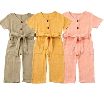 

1-6Y Summer Baby Girls Boys Rompers Overalls Solid Short Sleeve Button Belt Solid Causal Jumpsuits