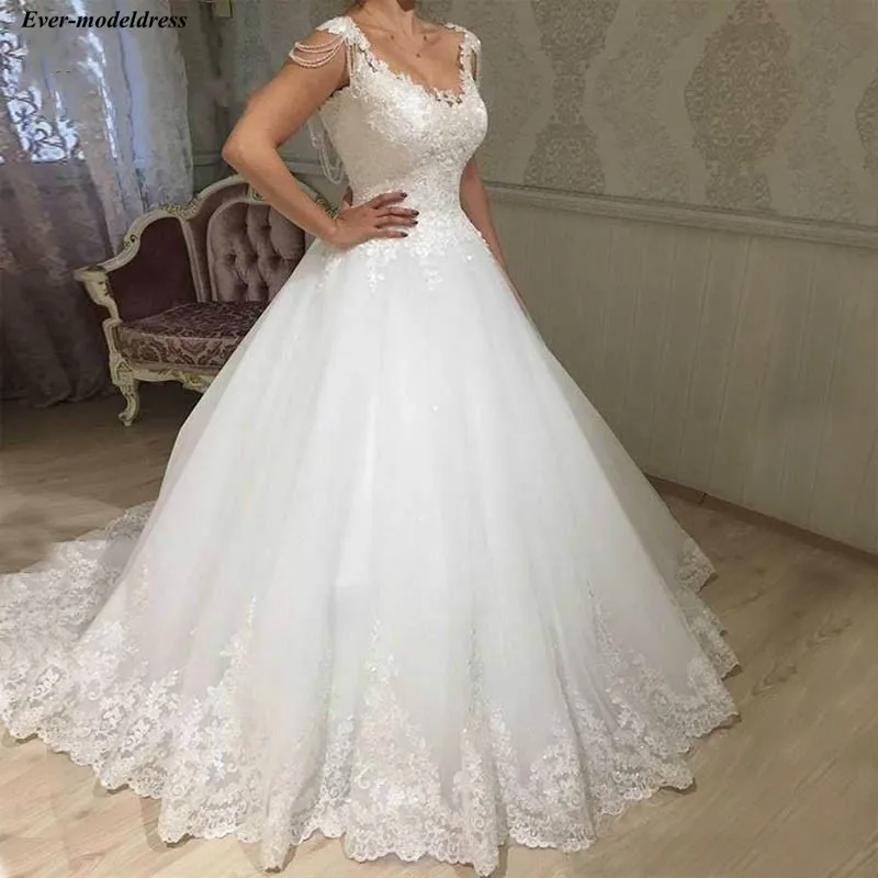 Vestido De Noiva свадебное платье принцессы бальное платье с кружевной аппликацией корсет, вышитый бусинами задней развертки поезд свадебные платья; обувь под свадебное платье для невесты