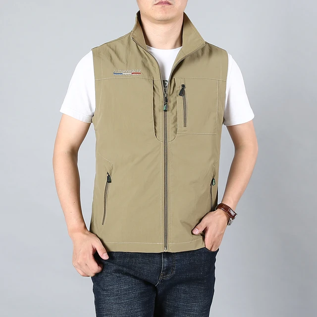 MAIDANGDI Men's Waistcoat Jackets Vest 2021 Summer New Solid Color Stand Collar Climbing Hiking Work Sleeveless With Pocket Khaki