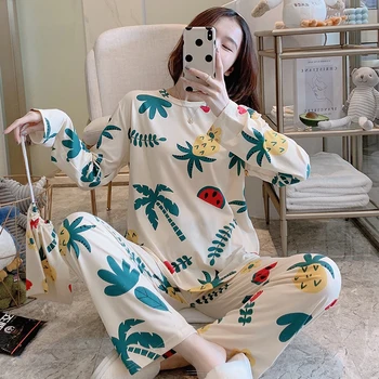 

2020 Lovely Bear Print Pajama Set O-Neck Long Sleeve Women Sleepwear Thick Sexy Nightwear With Cloth Bag Loungwear M-2XL