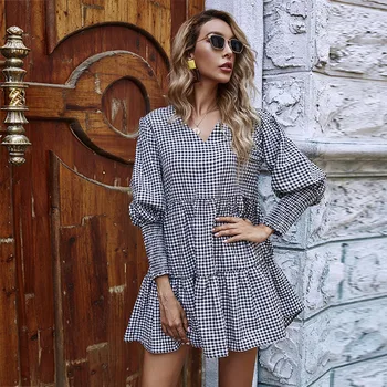 

Women New V-neck Ruffles High Dress Autumn Winter Puff Plaid Dress