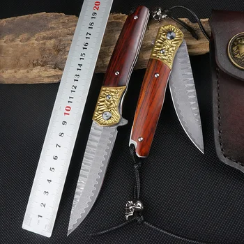 

Damascus Folding Knife Tactical Camping survival VG10 Folding Blade Knife Outdoor EDC Tools Pocket Knives Copper+Wood Handle