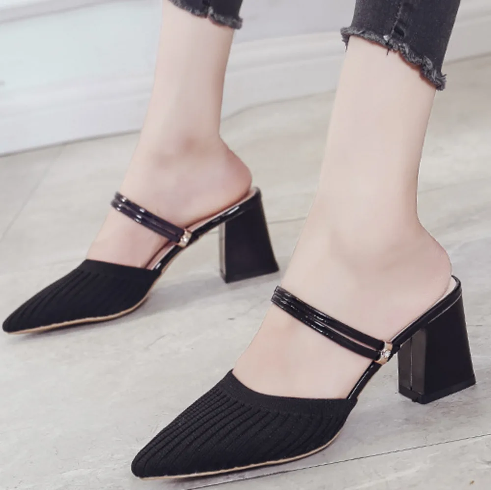 

Women Summer High Heels Mules Slippers Ladies Pointed Toe Strange Style Crystal Outside Shoes Flock Woman Fashion Footwear