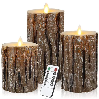 

Flameless Candles Cedar-Bark Dripless Real Wax LED Pillars Include Realistic Flickering Flames and 10-Key Remote Control with 24