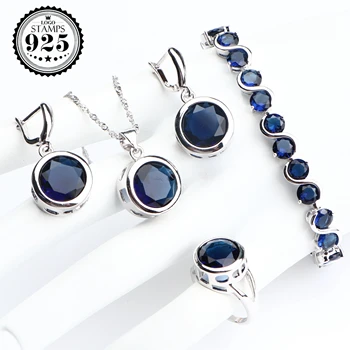 

925 Sterling Silver Bridal Jewelry Sets For Women Wedding Round Blue CZ Earrings Pendant Necklace Set Bracelets Rings Jewellery
