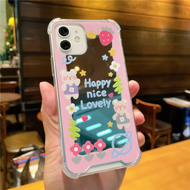 Cartoon Cute Flowers Silvery Mirror Phone Case For Iphone 13 Pro Max 12 11 X Xs Xr 7 8 Plus Se Lovely Bear Soft Shockproof Cover Phone Case Covers Aliexpress