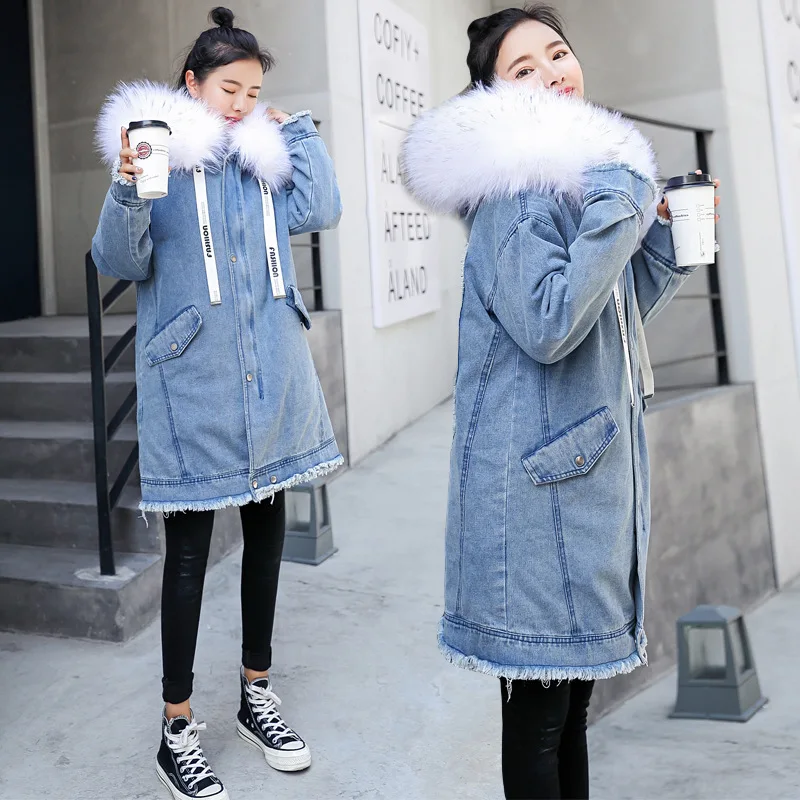 

Jeans Coat Women's 2019 Winter New Style Fashion Western Style WOMEN'S Dress Embroidered Large Fur Collar Mid-length Thick Cotto