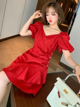 

Stylish Square Collar Side Buckle Puff Sleeve Slim Slimming Irregular Ruffled Dress Women's Fashion Summer New Style
