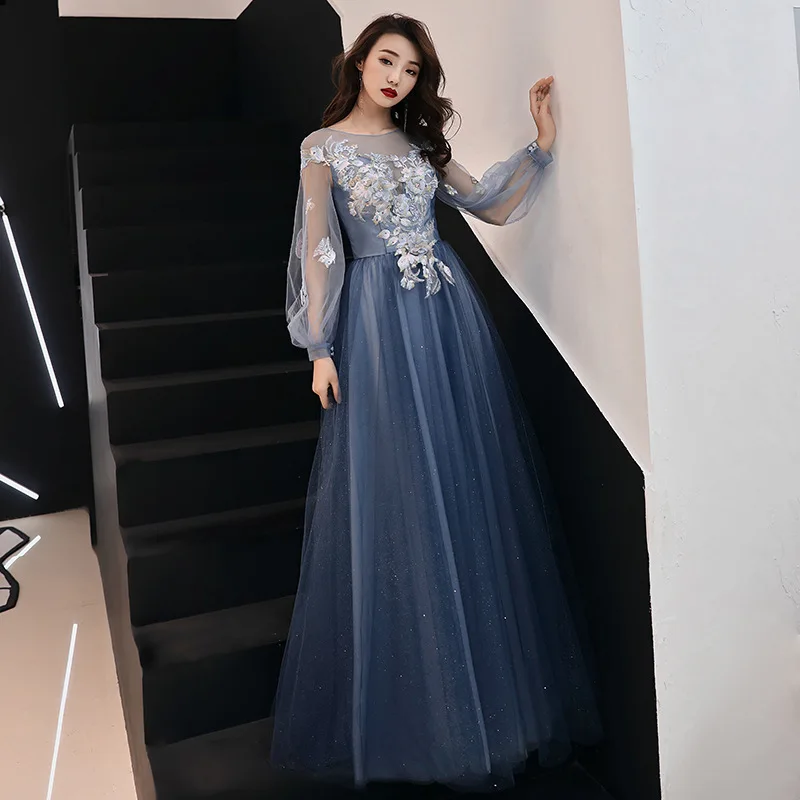 

Banquet evening dress female 2019 summer mesh O-Neck navy blue star dreamy ladies birthday dress party dress long section